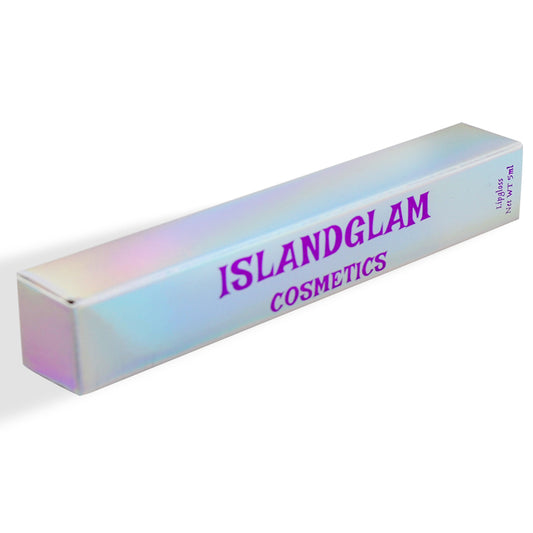 Rectangular holographic cosmetics box, side view, with ISLANDGLAM COSMETICS branding