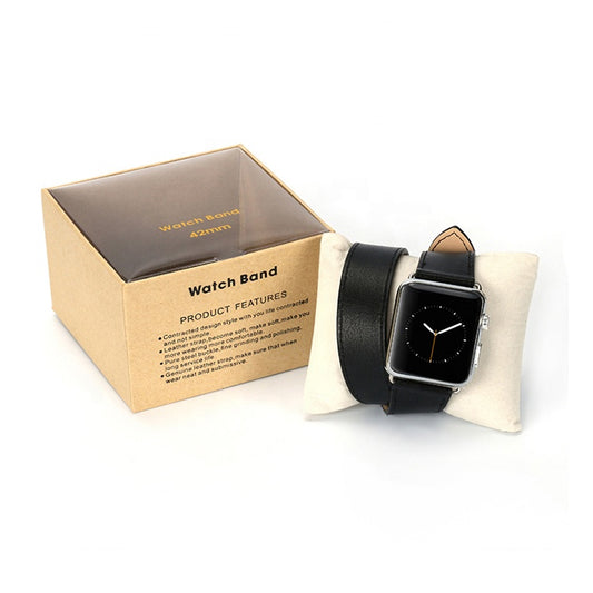Rigid watch packaging box set with instruction panel and black leather strap watch