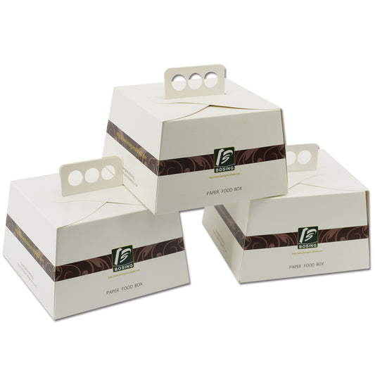 Assorted sizes of white octagonal cake boxes with handle and custom stripe printing