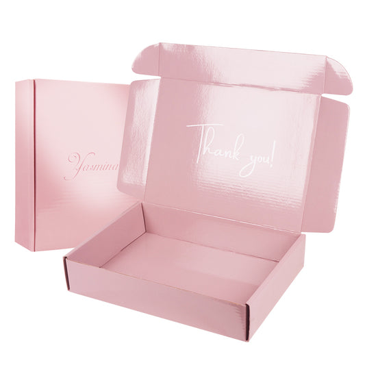 Pink matte gift box open, showing hinged sides and 'Thank you!' printed on the panel