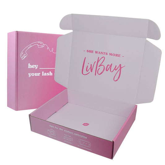 Open and closed custom pink gradient mailer box with "LivBay" interior printing for lash shipping