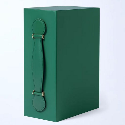 Rigid gift box with green leather handle and gold-tone hardware
