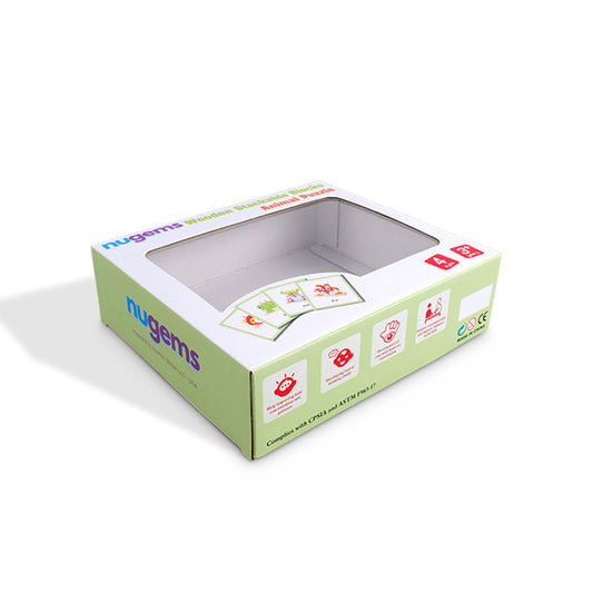 Corrugated display box with open top window and gray interior tray, green exterior