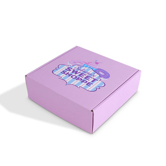 Purple mailer gift box with top lid printed dessert brand logo