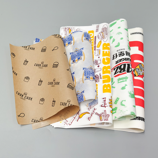 Greaseproof wax paper sheets with mixed prints: brown, blue, green, and red strips