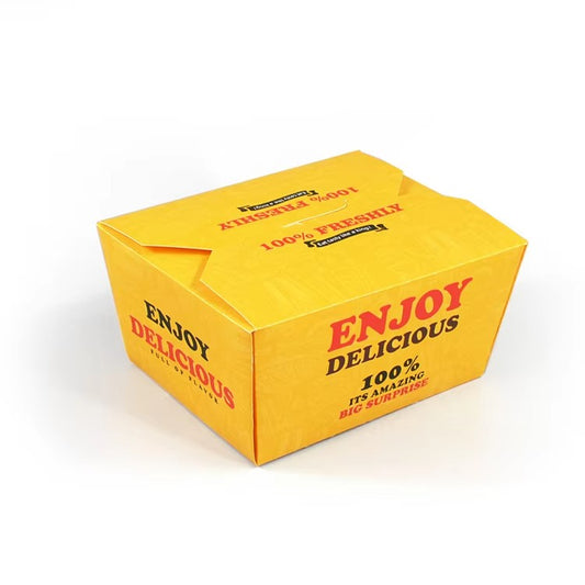 Yellow printed clamshell burger box with red "Enjoy Delicious" text