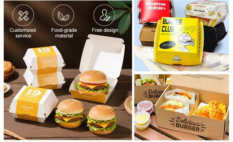 Custom printed burger packaging set with yellow, white, and red takeaway boxes