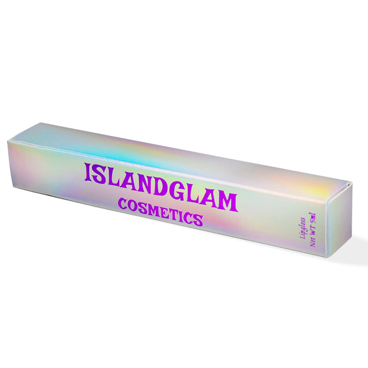 Rectangular holographic silver cardboard cosmetics box with printed ISLANDGLAM COSMETICS