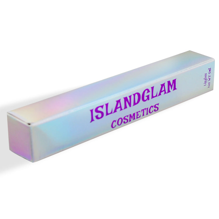 Rectangular holographic cosmetics box, side view, with ISLANDGLAM COSMETICS branding