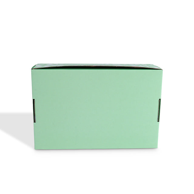 Green art paper mailer box, closed rectangular shape with dark side edges.