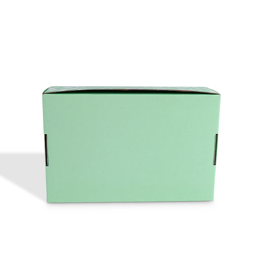 Green art paper mailer box, closed rectangular shape with dark side edges.