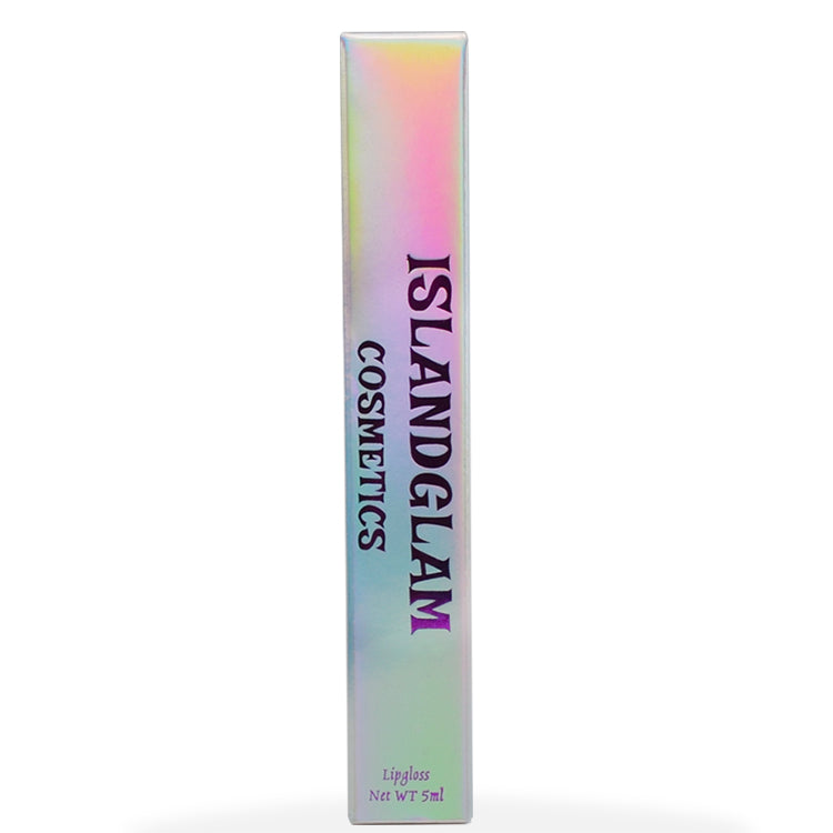 Tall narrow holographic cosmetics box end with ISLANDGLAM COSMETICS lettering