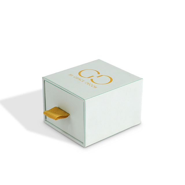3D render mockup of a closed mint green drawer box with ribbon pull for branding