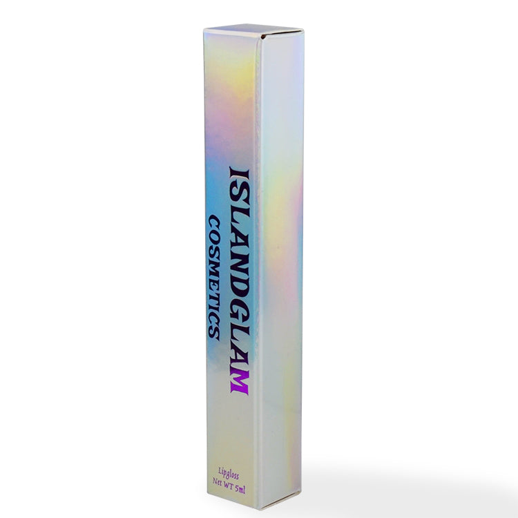 Tall narrow holographic cosmetics box end with ISLANDGLAM COSMETICS and 5 ml label