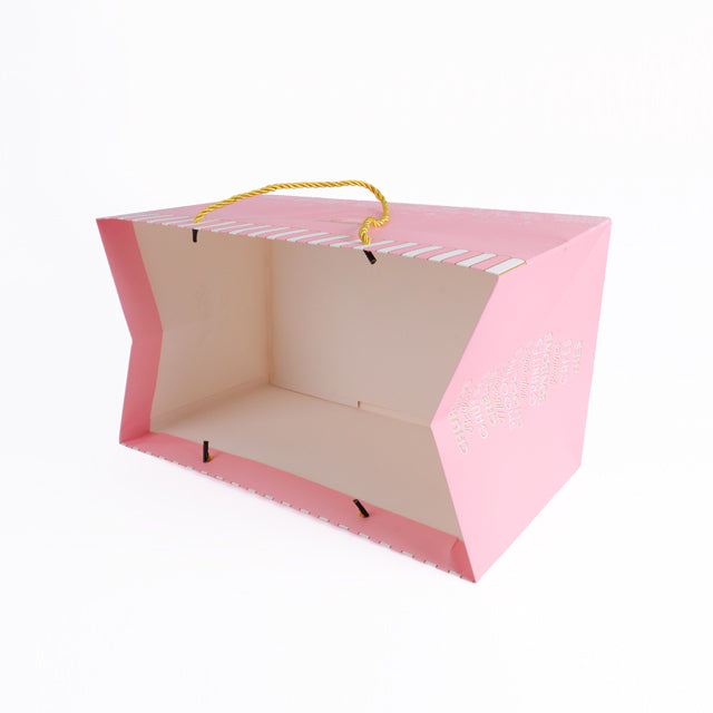Open pink rigid carrier bag with white interior and yellow rope carry handles.