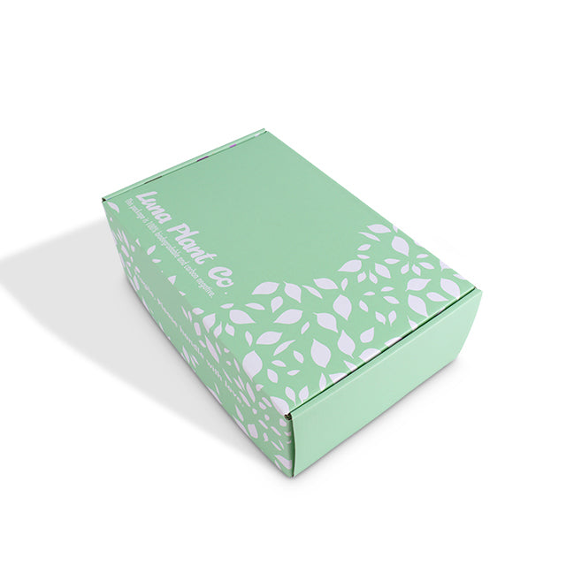 Green art paper mailer box, angled view with white leaf pattern on lid and side.