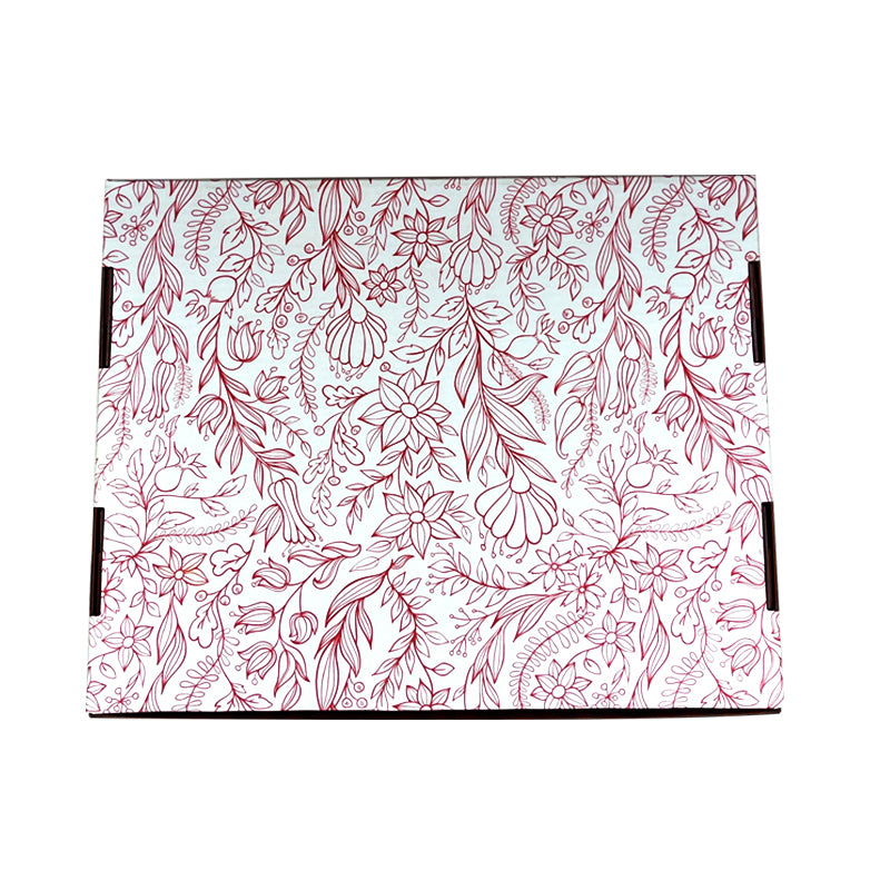 Mailer box top panel with white background and burgundy leaf pattern