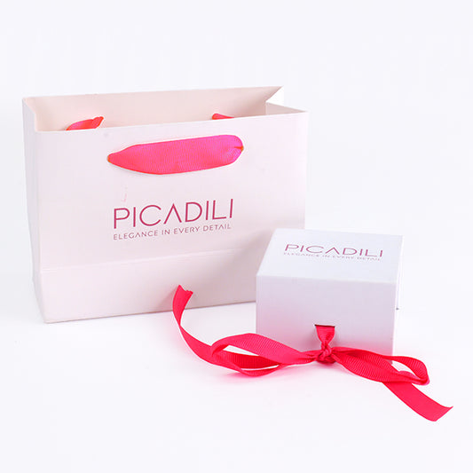 White paper tote bag with pink ribbon handles and PICADILI logo