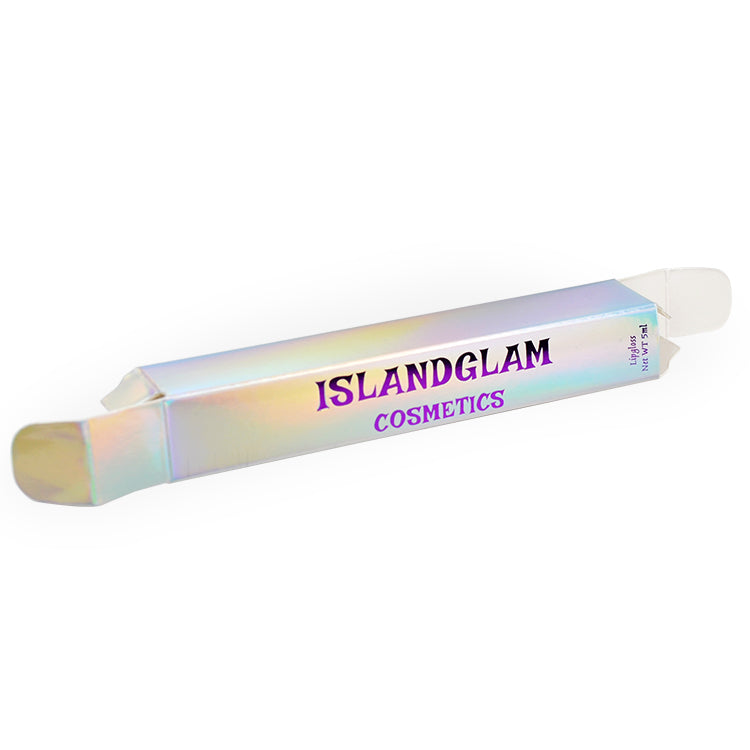 Rectangular holographic cosmetics box at an angle with ISLANDGLAM COSMETICS print