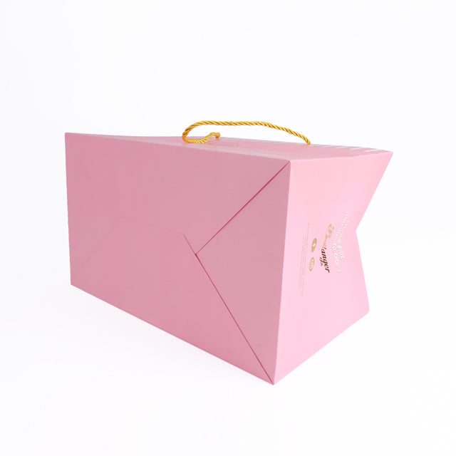 Pink rigid carrier bag with yellow rope handle and diagonal fold panel detail.
