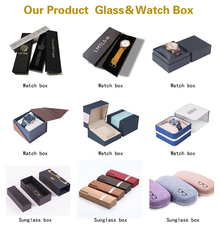 Watch and glass box assortment showing multiple watch box designs