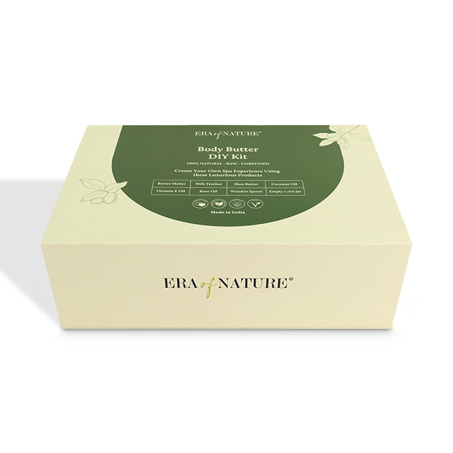 Light green magnetic flap rigid gift box with green body butter DIY kit label on top.