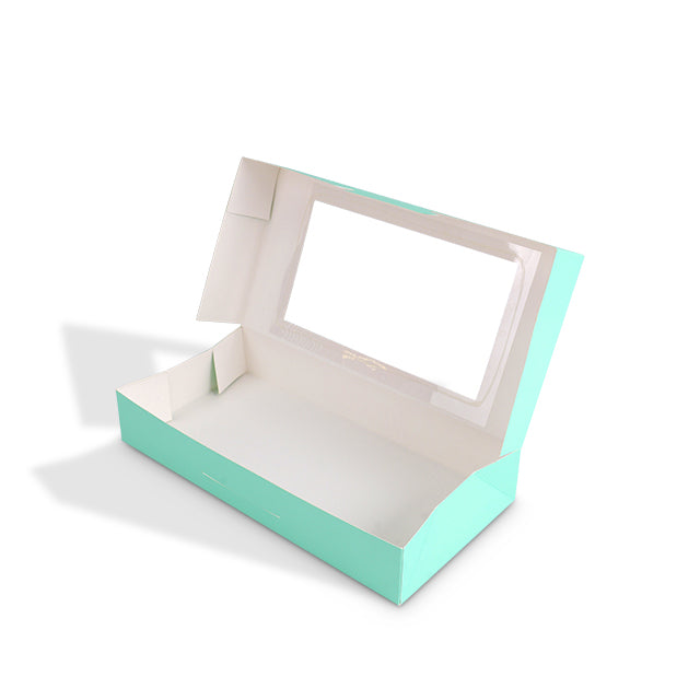 Mint green cardboard window box with open top and rectangular front window