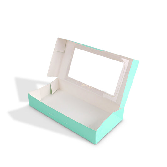 Mint green cardboard window box with open top and rectangular front window