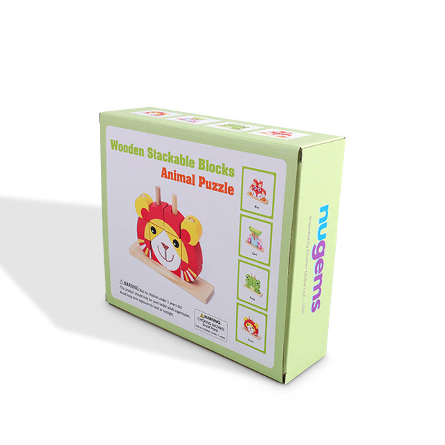 Angled view of light green window mailer box displaying wooden stackable blocks animal puzzle