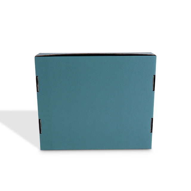 Back view of closed teal blue literature mailer box showing seams