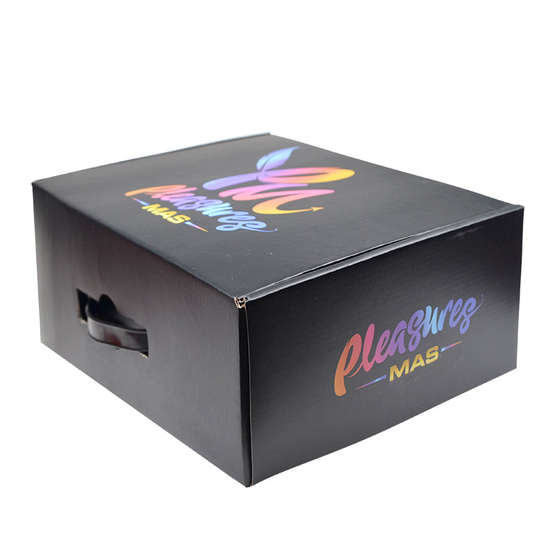 Black corrugated mailer box with colorful logo print and side handle cutout.