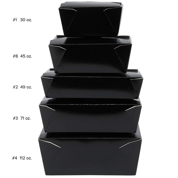 Stack of black foldable clamshell food boxes with size labels (#1–#4)