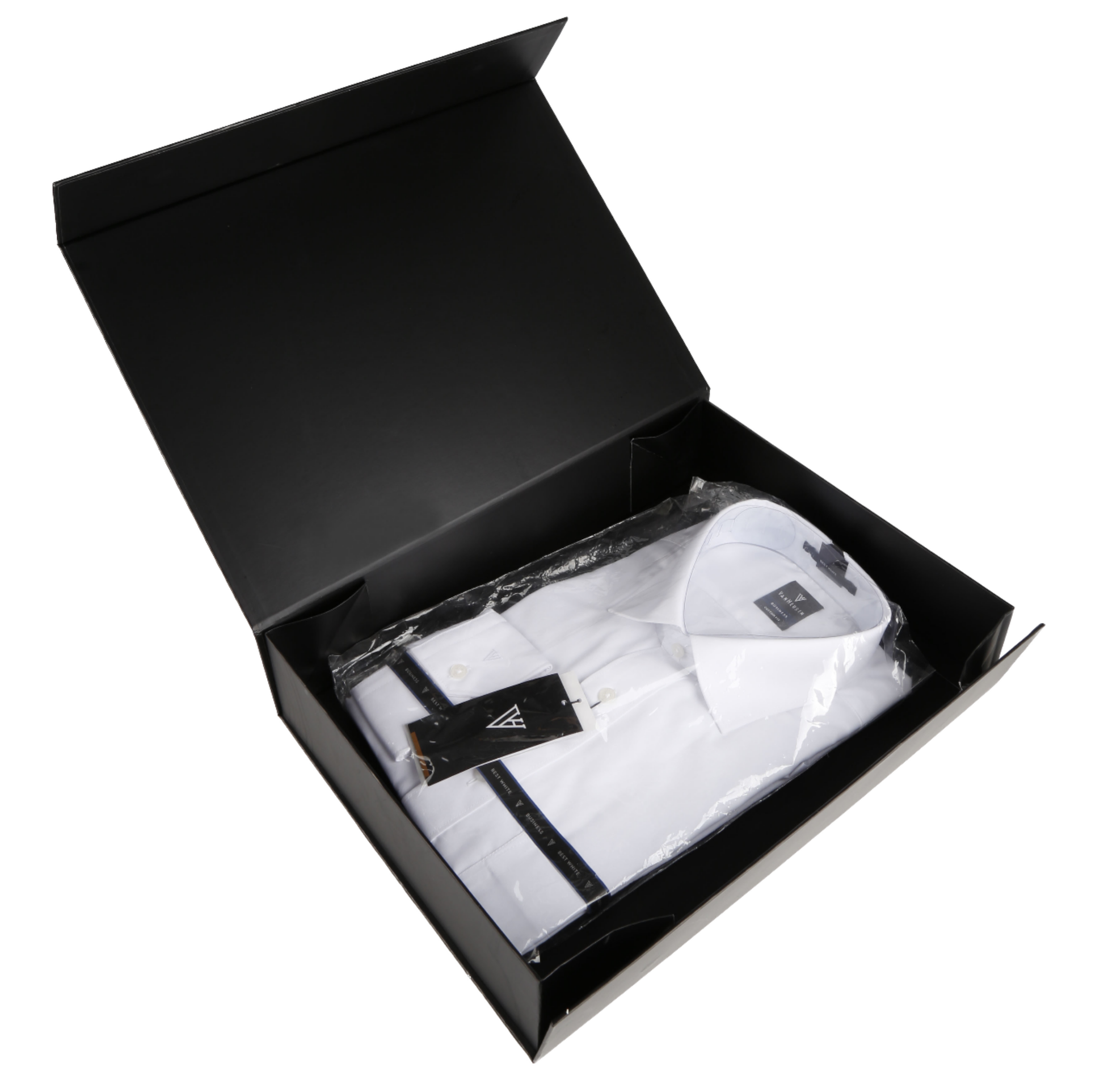 Black foldable gift box with ribbon handle, open with folded white shirt inside