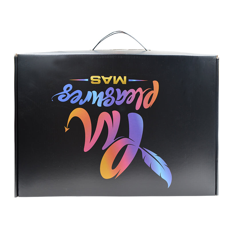 Black corrugated mailer box with large colorful logo print and top handle hole.