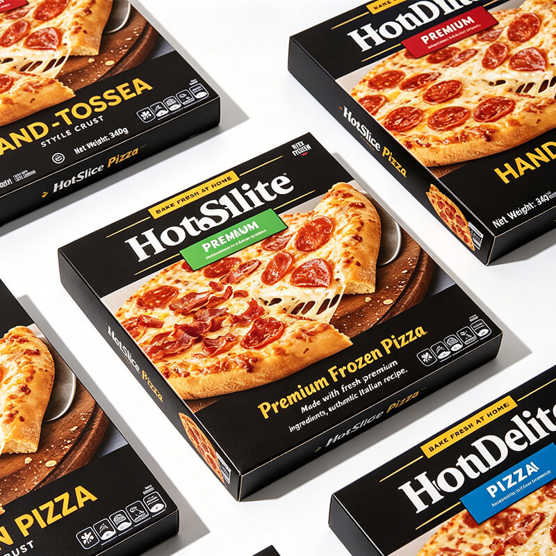 Stack of black HotSlice Pizza carton boxes with Premium Frozen Pizza branding