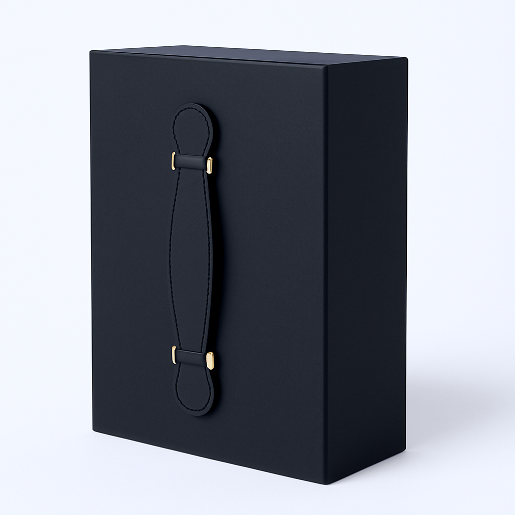 Rigid gift box with black leather handle and gold-tone hardware