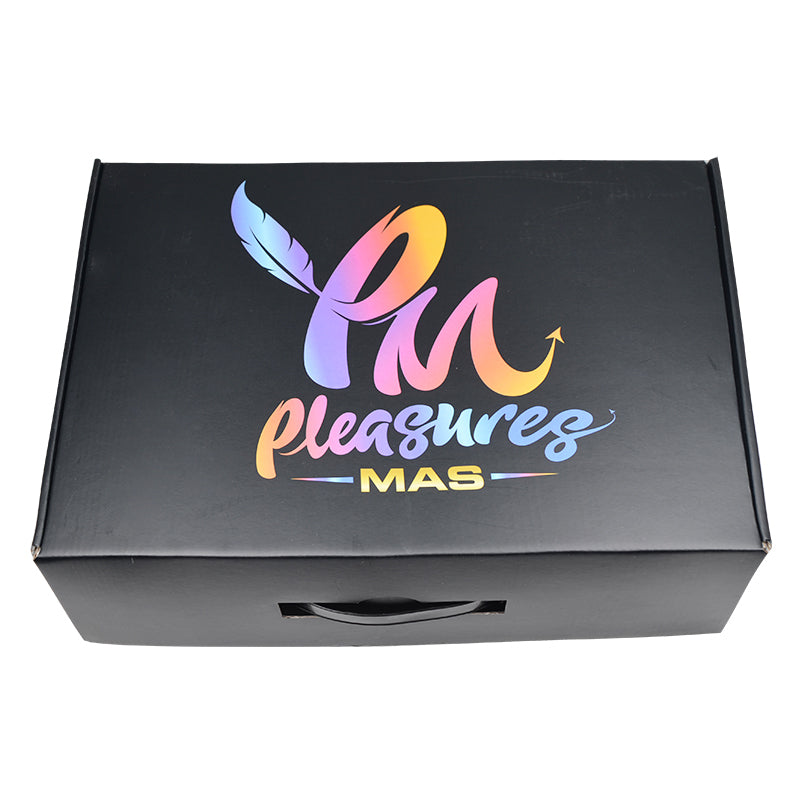 Black corrugated mailer box with colorful logo print and front carry handle slot.