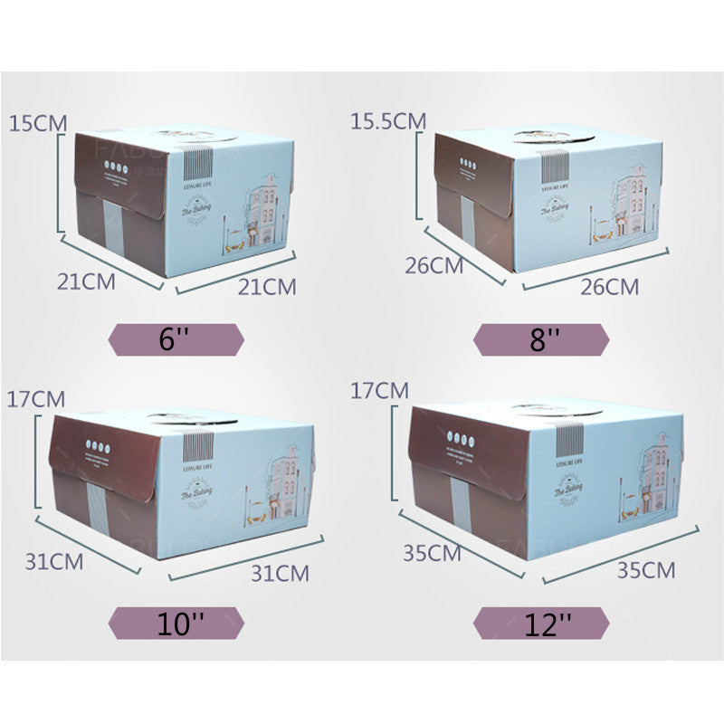 Pink cake box size chart with labeled dimensions (6–12 in)