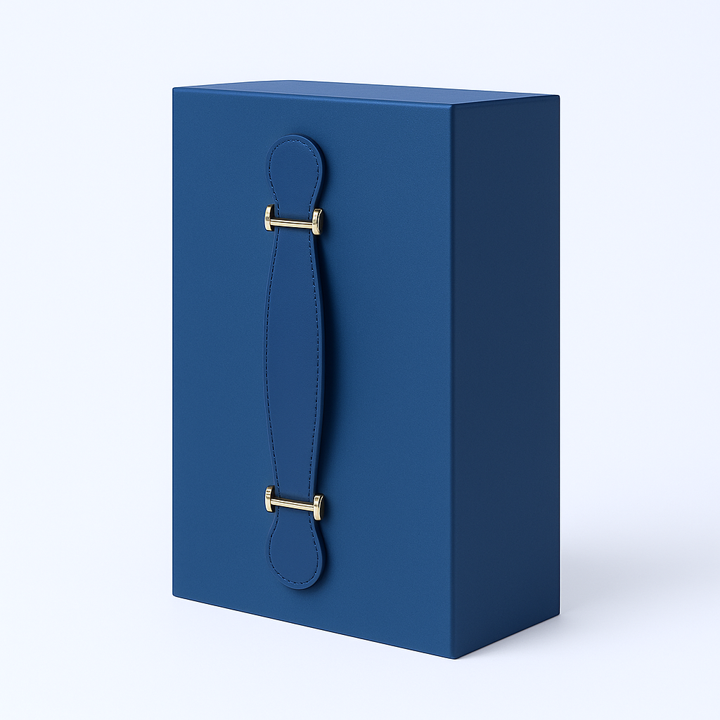 Rigid gift box with blue leather handle and gold-tone hardware