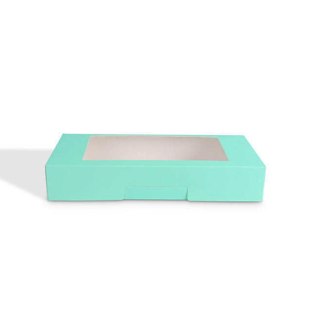 Mint green cardboard window box base with front opening and fold-over flap