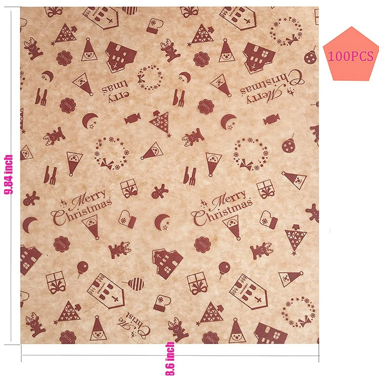 Brown kraft wax paper with Christmas icons and 'Merry Christmas' text, 8.4x4 inch