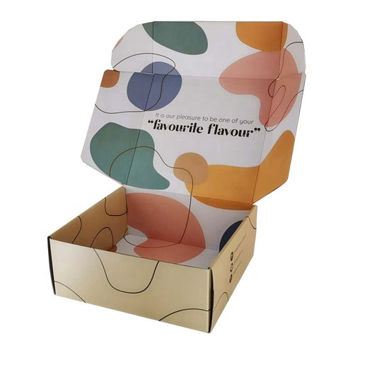Printed mailer gift box set with colorful abstract pattern, open top and front flap