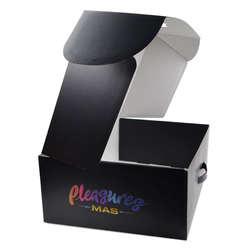 Black corrugated mailer box with colorful logo print and side handle cutout, open.