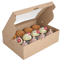 Cardboard bakery gable box with handle and window, filled with cupcakes and pastries
