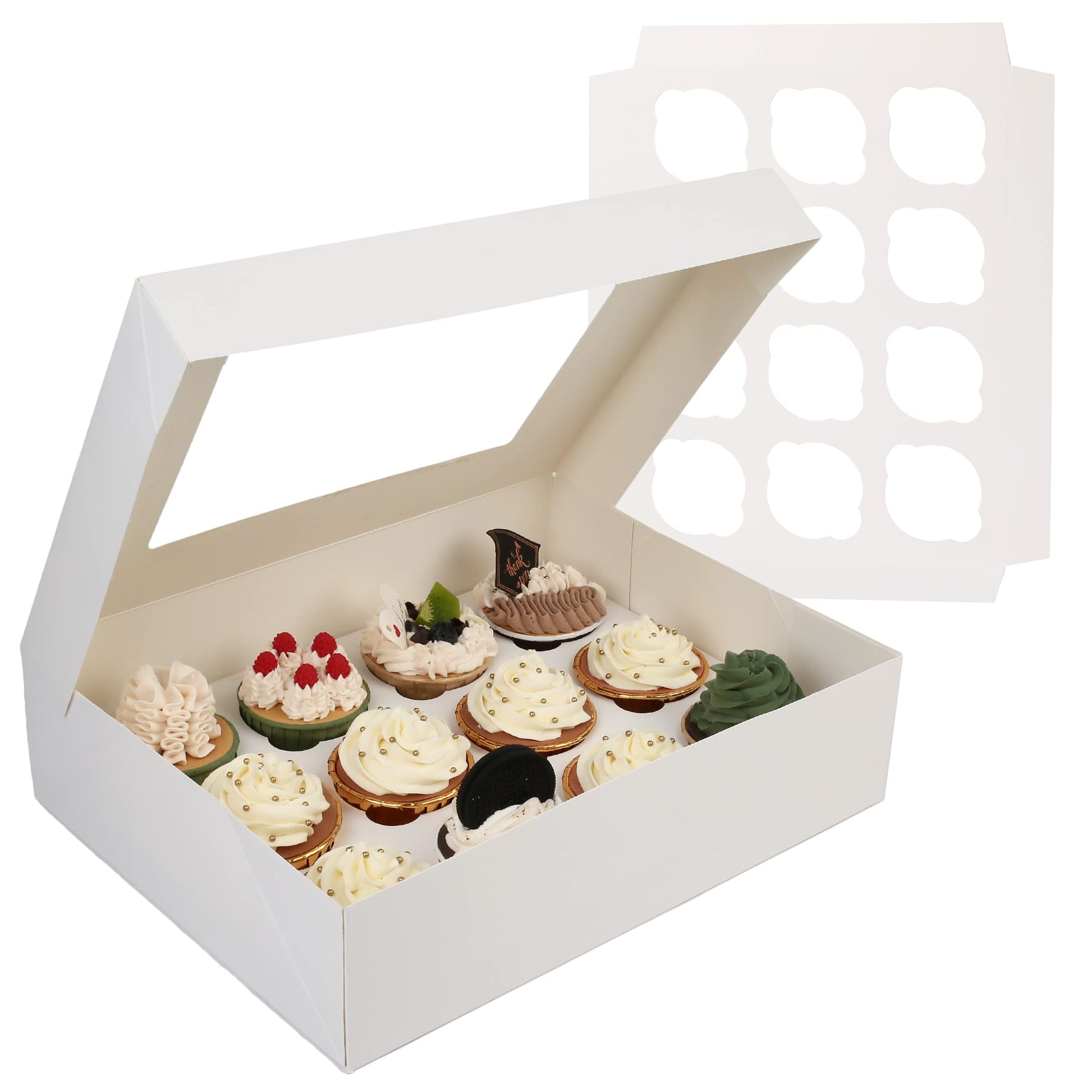 White gable bakery box with handle, open window, holding cupcakes and pastries