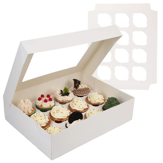 White gable bakery box with handle, open window, holding cupcakes and pastries