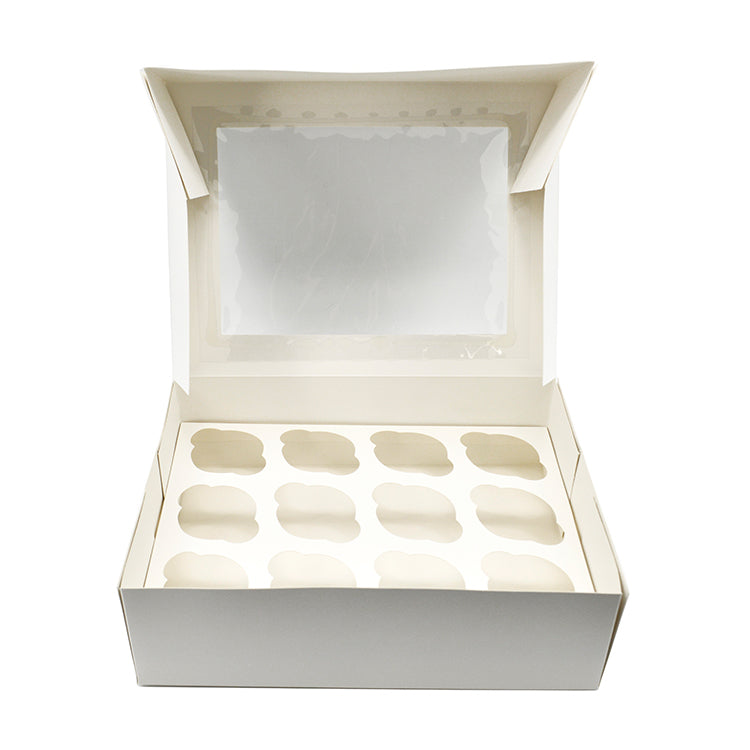 White bakery box with open window lid, showing blank inner tray and inserts