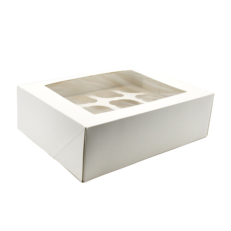 White gable bakery box with clear window panel, closed flat presentation tray