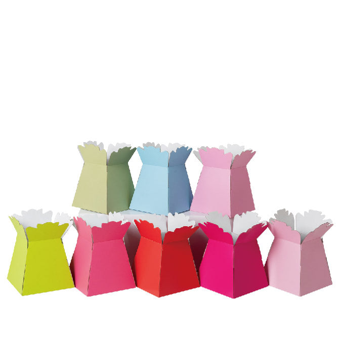 Assorted colors of custom trapezoid floral boxes with scalloped edge openings
