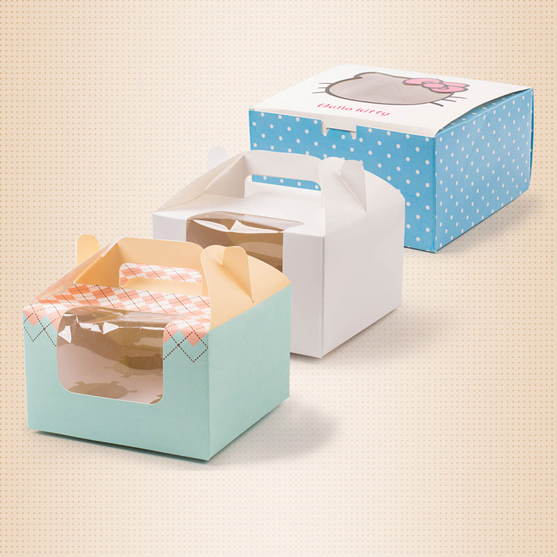 Blue and white bakery gift boxes with handle, window opening for cupcakes